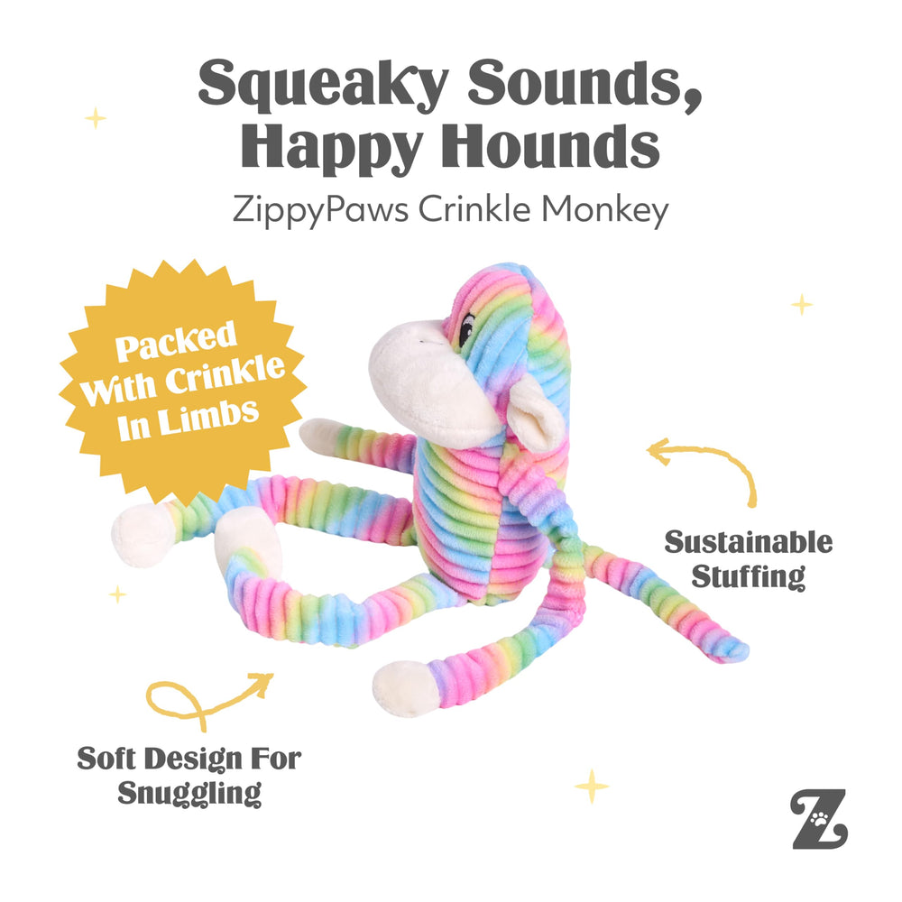ZippyPaws Spencer mono arcoiris peluche, estimula la curiosidad visual y el juego.