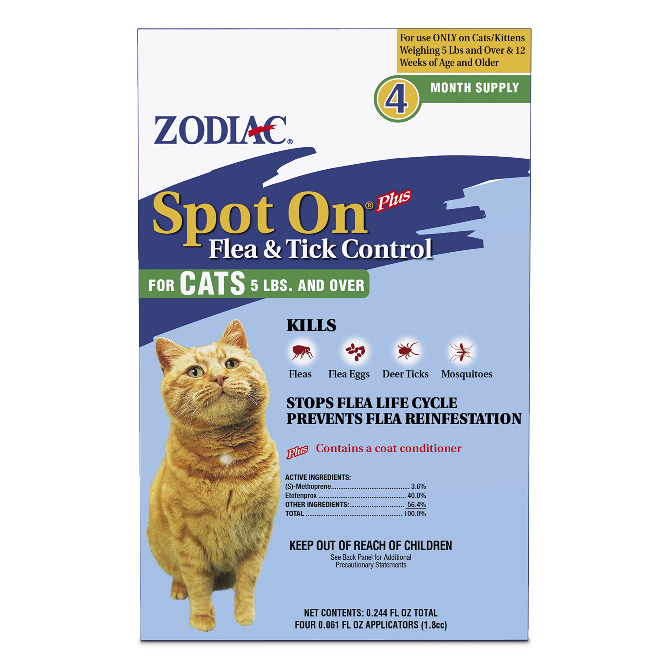 Zodiac Spot On Plus en gato mostrando aplicación rápida para control de pulgas.