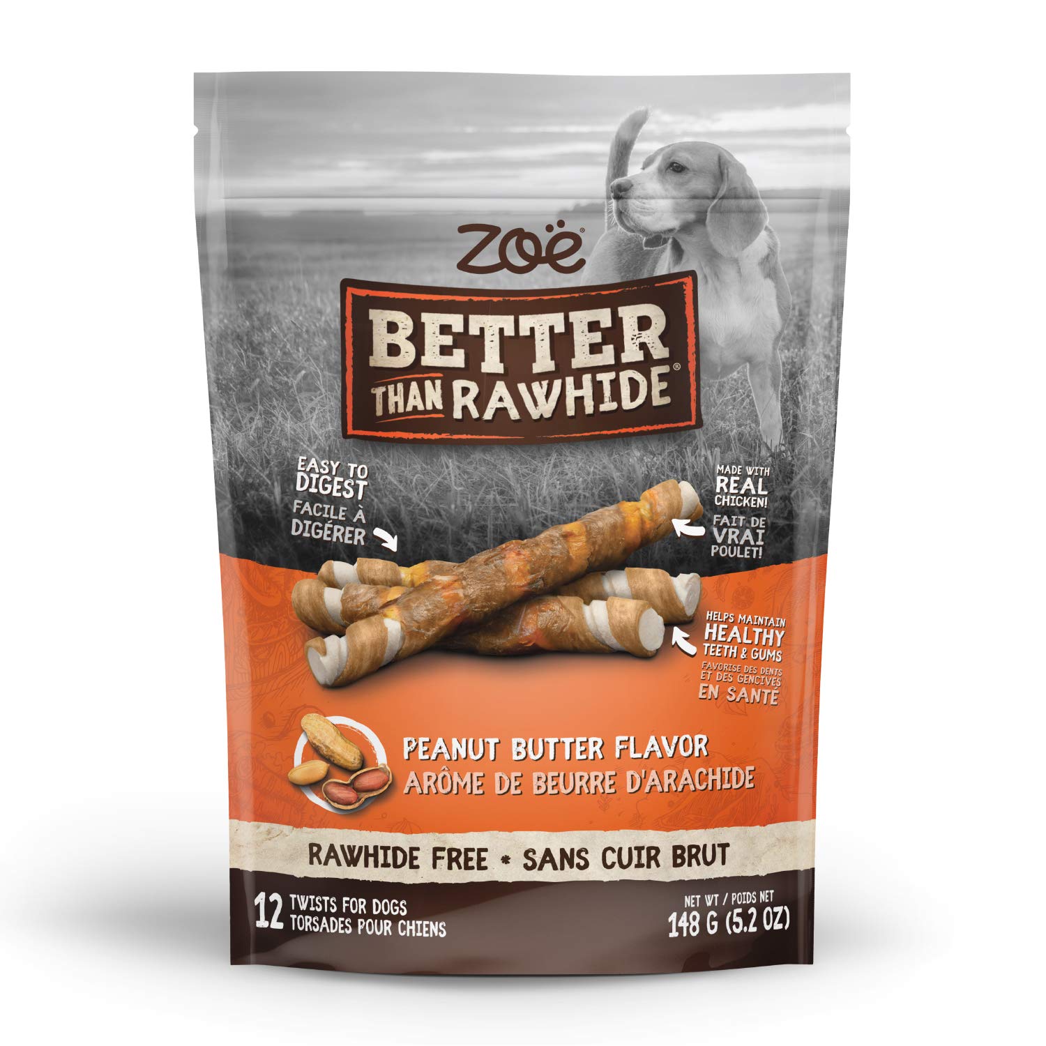 Zoe Peanut Butter Twists, snack para perros, digestión suave y sabor a cacahuete.