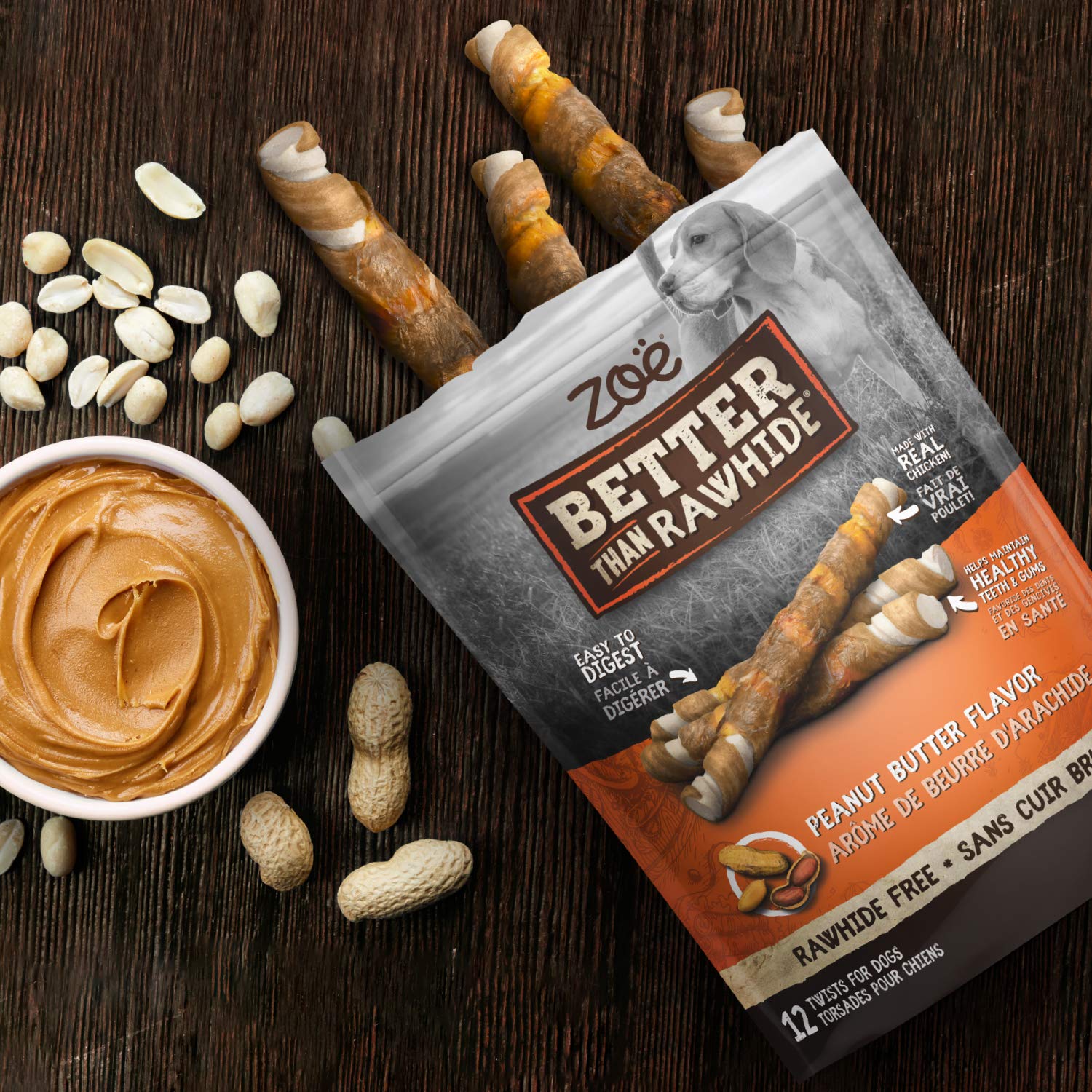 Zoe Peanut Butter Twists, empaque visible para fácil almacenamiento.