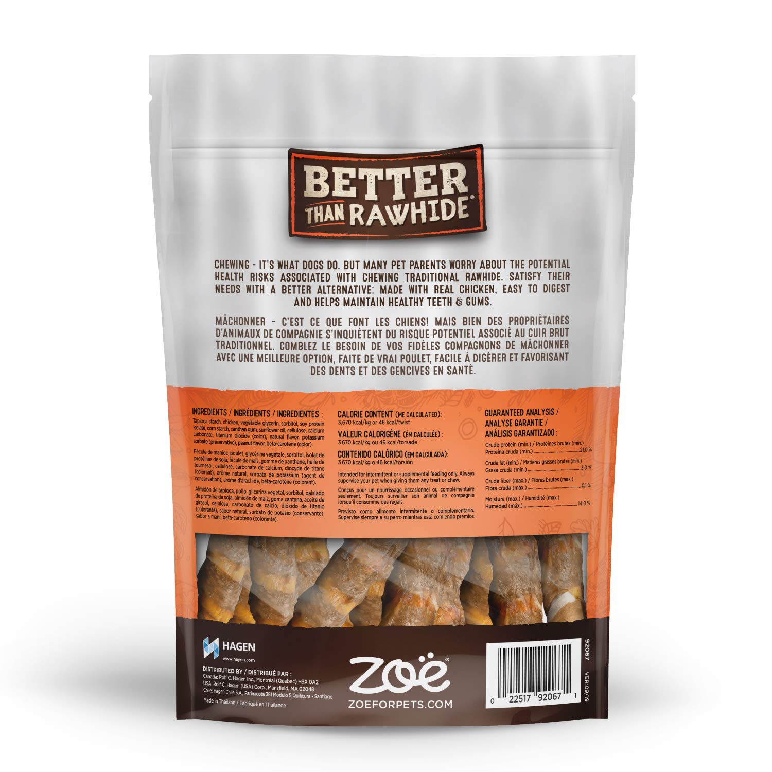 Zoe Peanut Butter Twists con pollo real, crujiente para masticar.