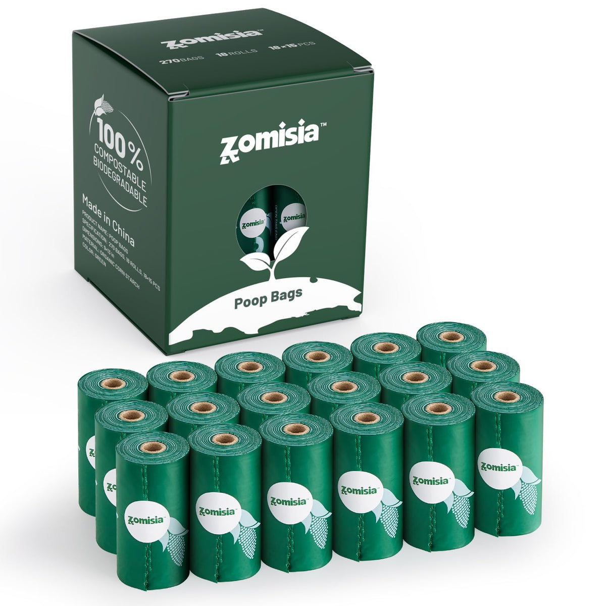 ZOMISIA bolsas compostables para heces, 18 rollos, ideales para paseos y compostaje casero.