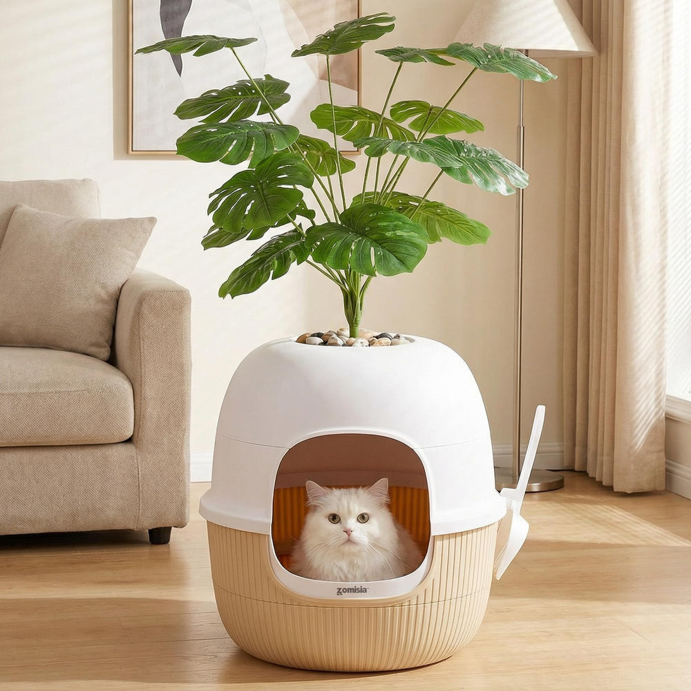 ZOMISIA caja oculta de arena para gatos con planta artificial, privacidad mejorada.