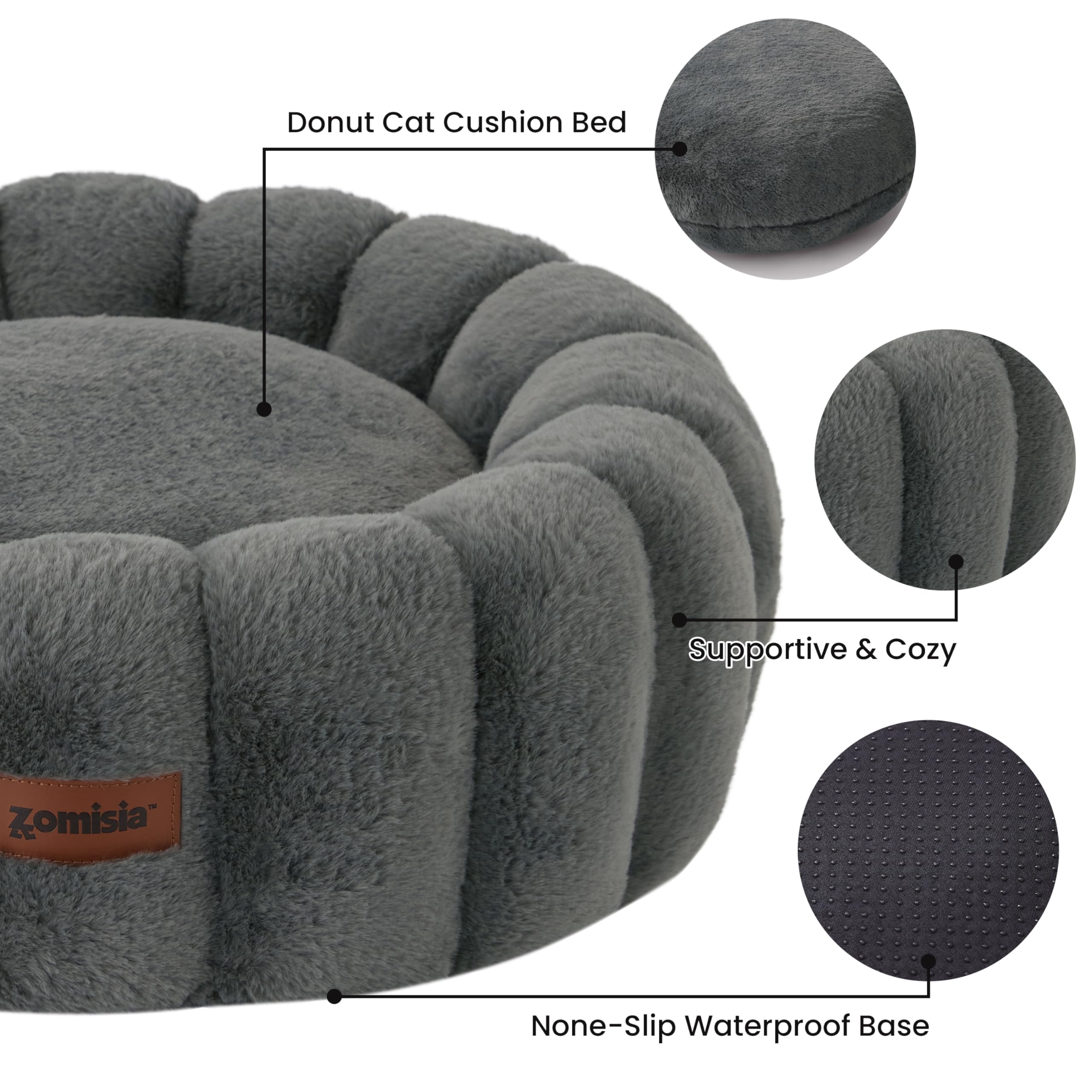ZOMISIA Cama gato rosquilla gris borde elevado para apoyo suave