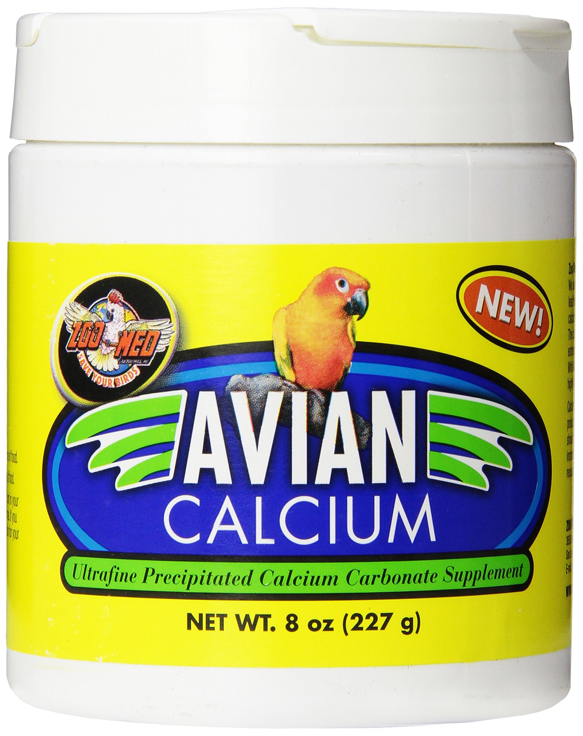 Zoo Med Avian Calcium, envase negro, fácil dosificación para aves.