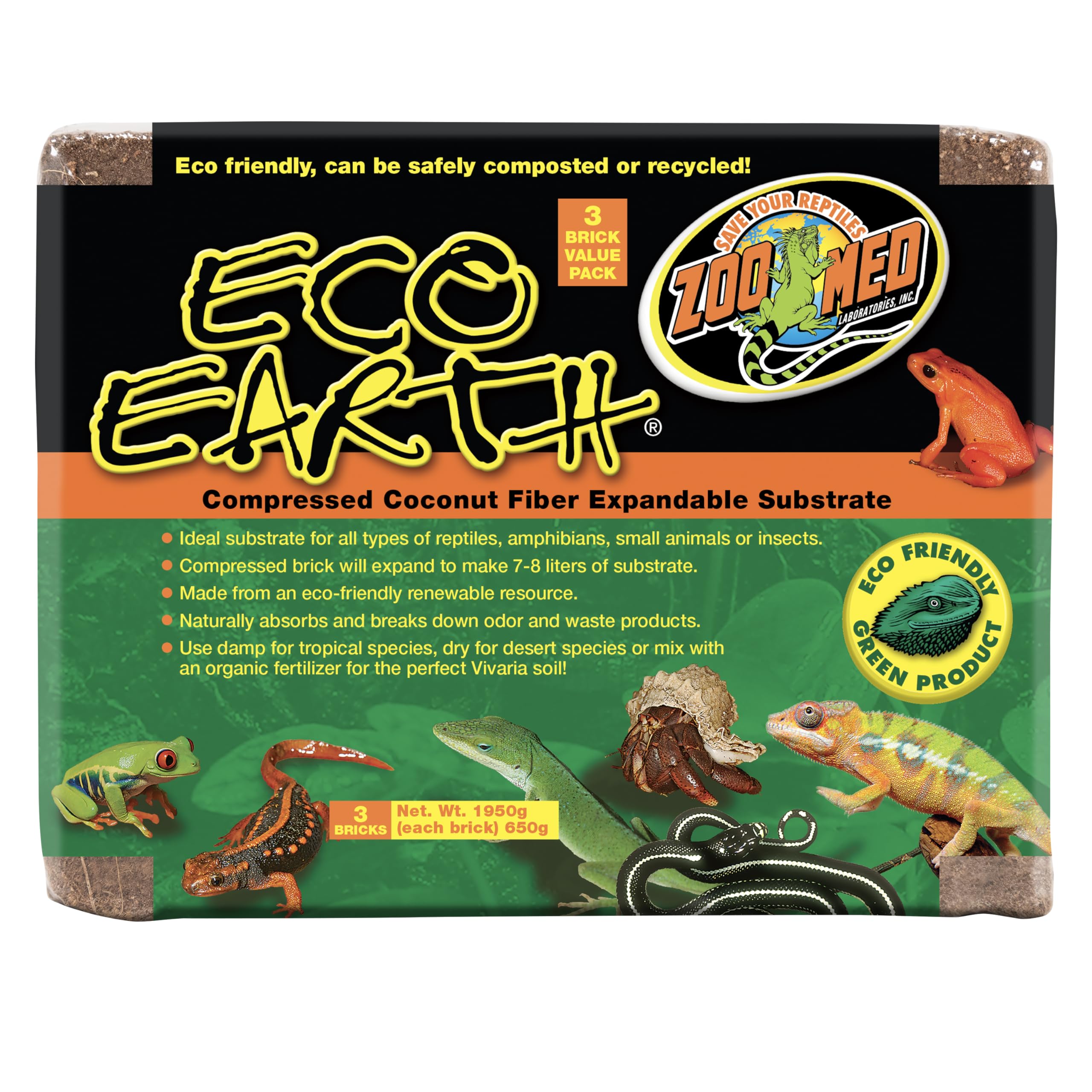 Zoo Med Eco Earth, cama de terrario, sustrato suave para reptiles.