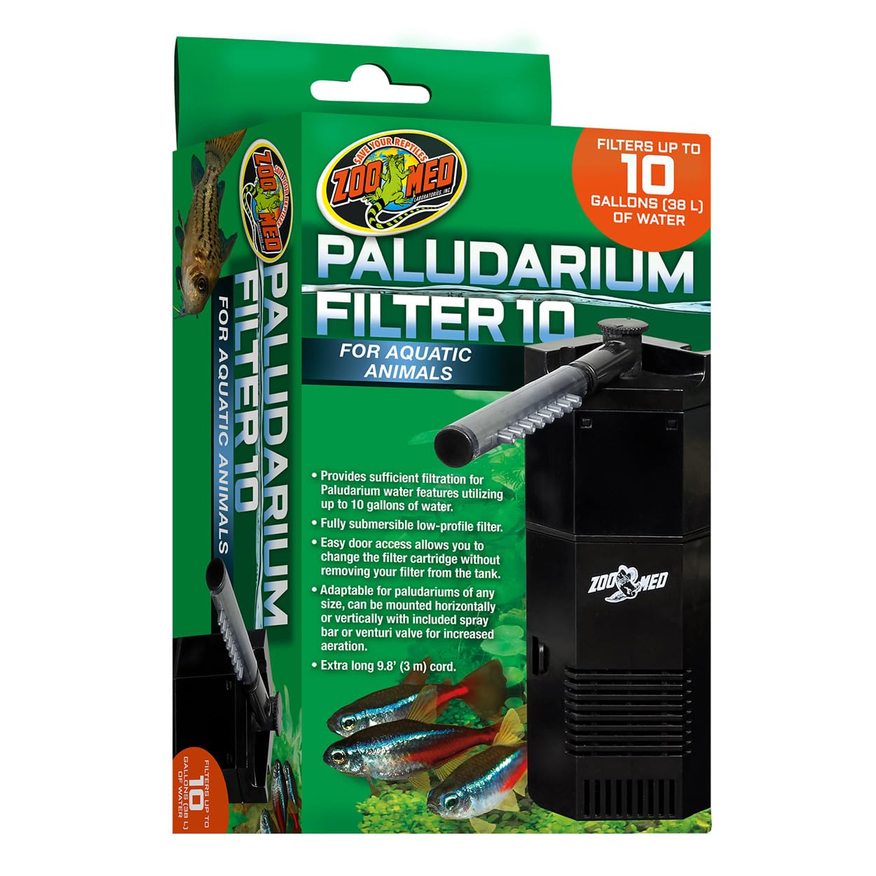 Filtro interno Zoo Med para paludario de 10 galones, filtración eficiente para hábitats acuáticos.