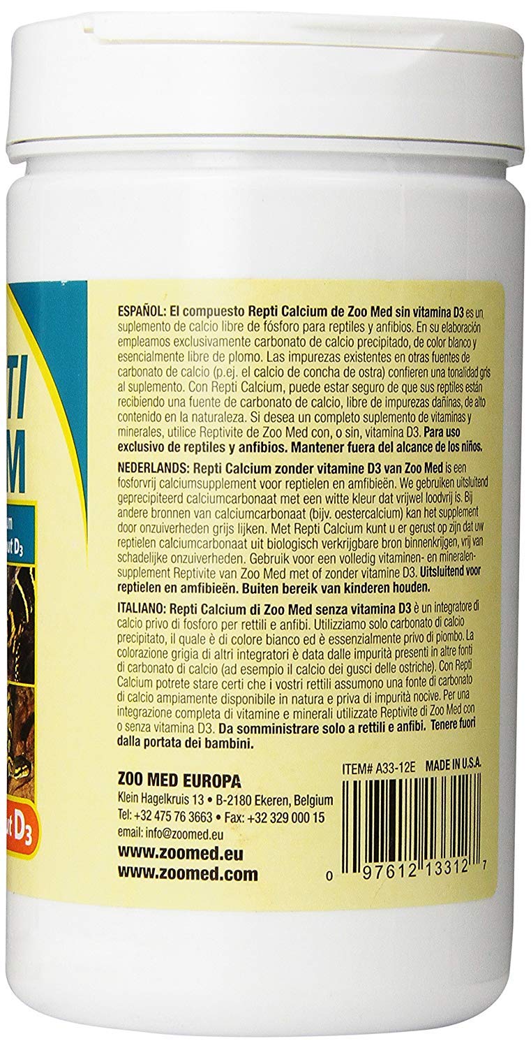 Zoo Med Repti Calcium sin Vitamina D3, apto para dietas sin D3.