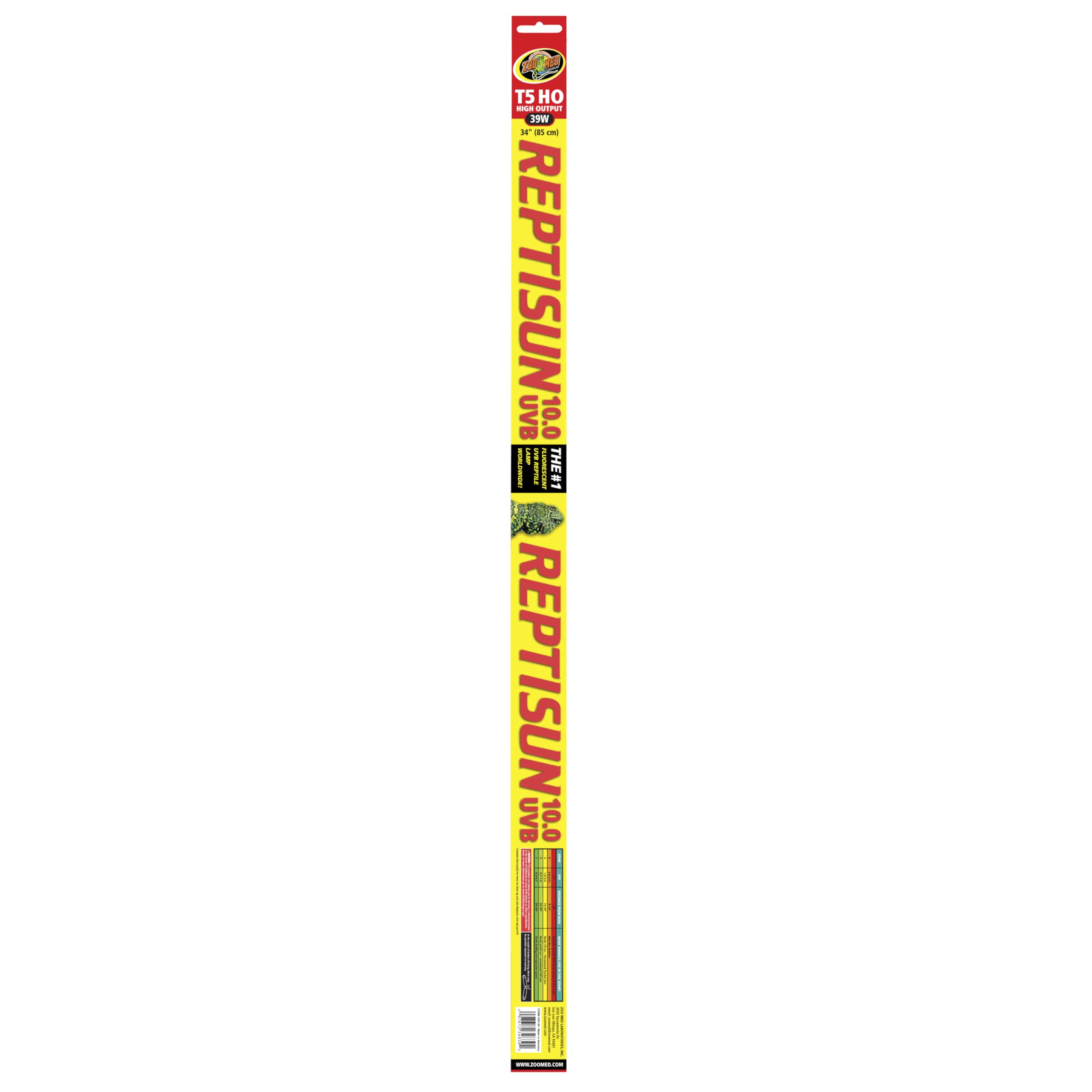 Zoo Med Reptisun 34‑inch 10.0 UVB ilumina hábitats amplios con brillo constante.