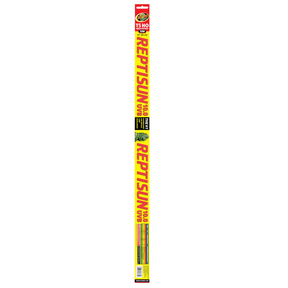 Zoo Med Reptisun 34‑inch 10.0 UVB ilumina hábitats amplios con brillo constante.
