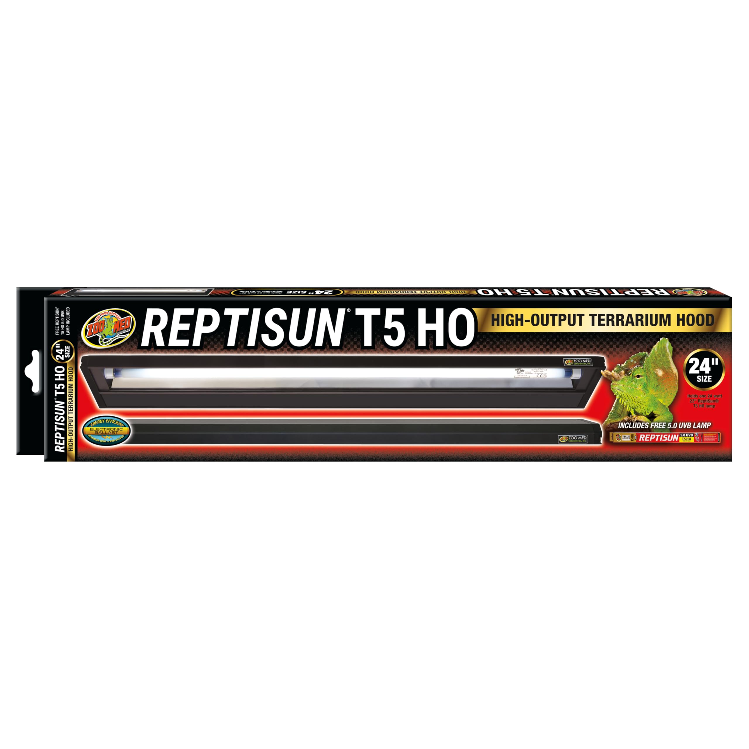Zoo Med Reptisun T5 HO Terrahood 24 pulgadas ofrece iluminación estable para reptiles en terrarios.