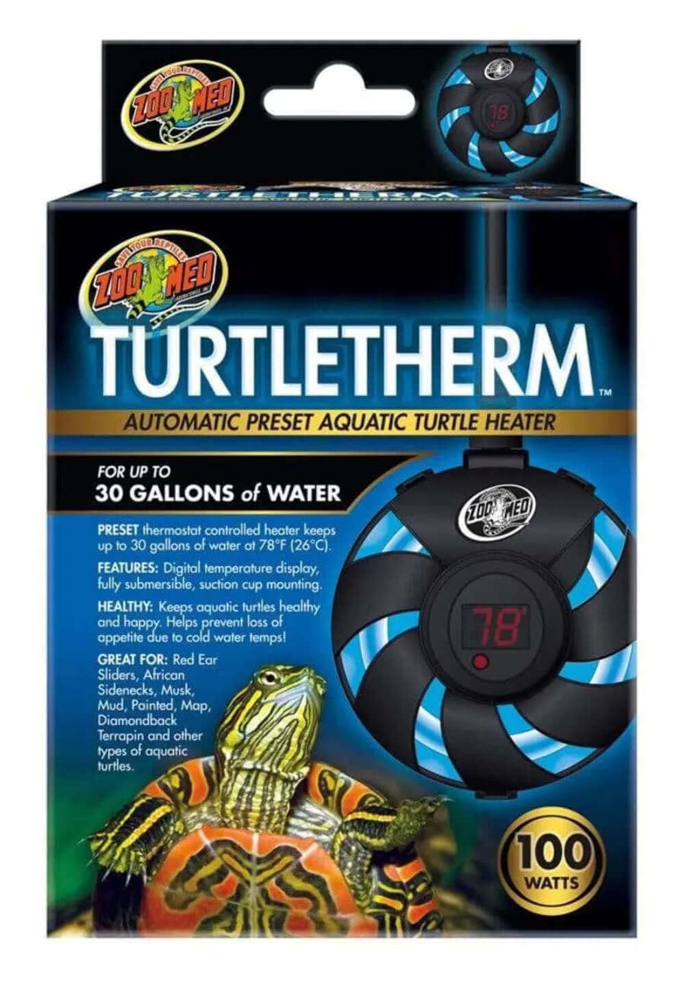  ZooMed TurtleTherm calentador sumergible, ideal para tortugas acuáticas en estanques.