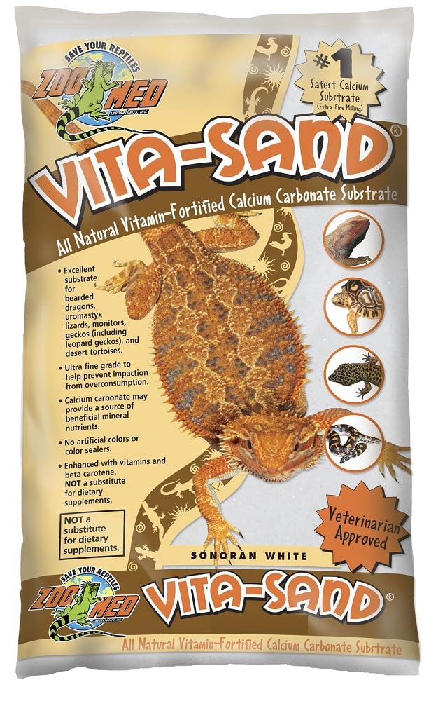 Zoo Med Vita-Sand Sonoran White, grano ultrafino para evitar impacción y mantener sustrato estable.