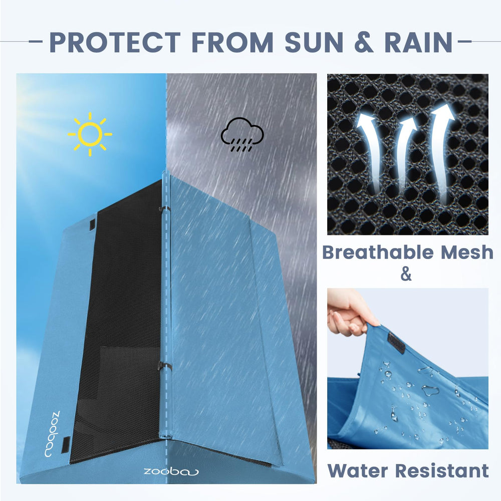 Tela 600D PVC impermeable de Zooba protege contra lluvia y sol.