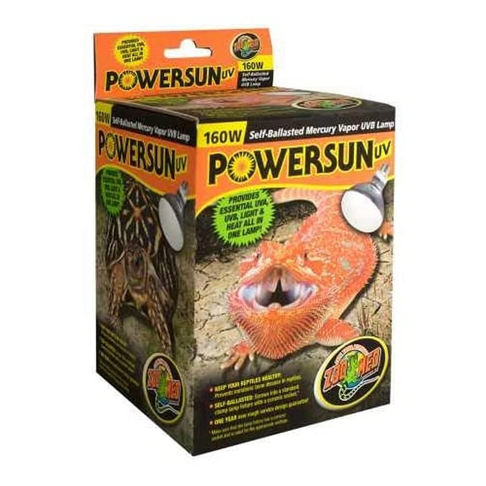Lámpara Zoo Med PowerSun UV 160W para terrarios grandes, emite UVA/UVB y calor.