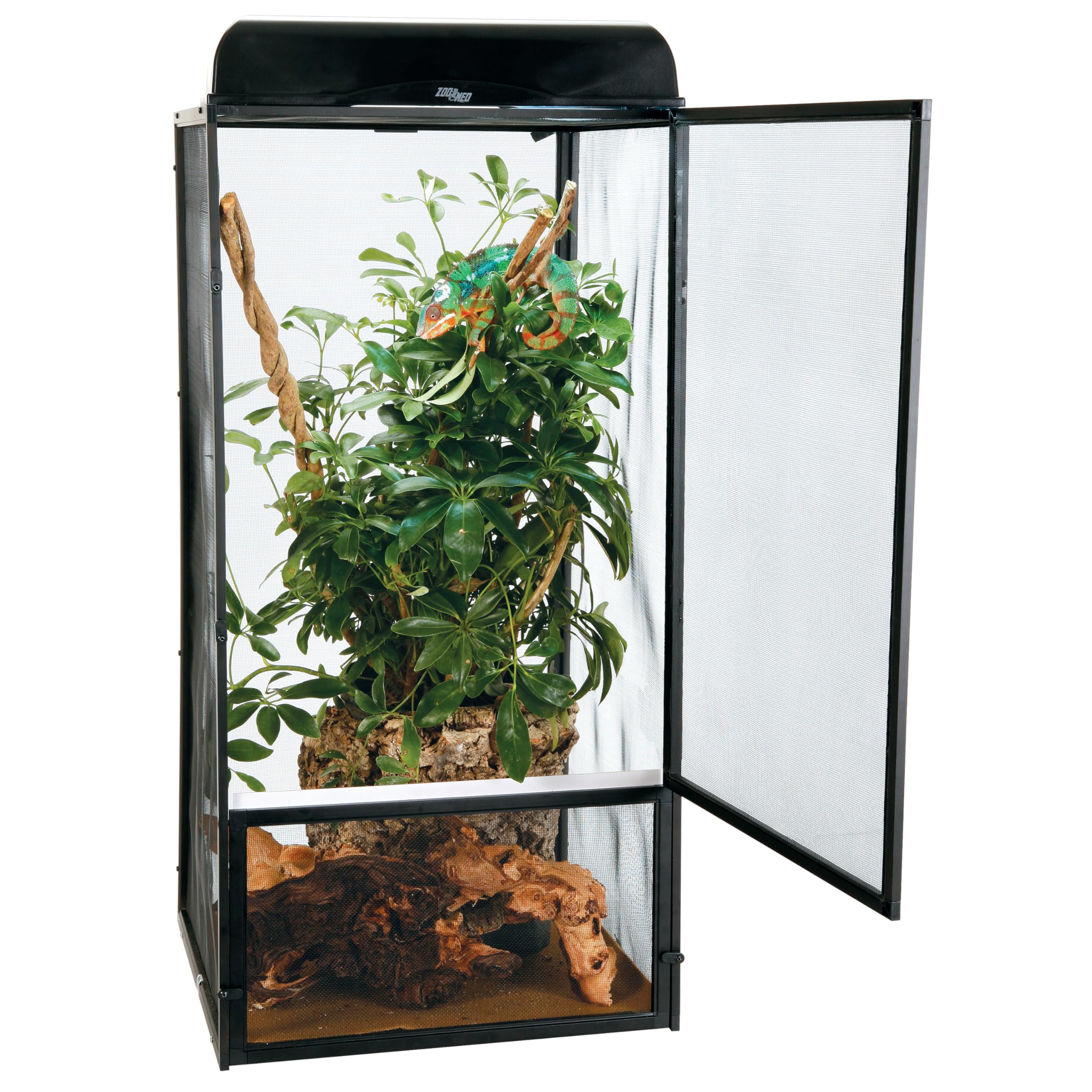 Zoo Med ReptiBreeze jaula con puerta frontal grande para acceso cómodo y limpieza fácil.