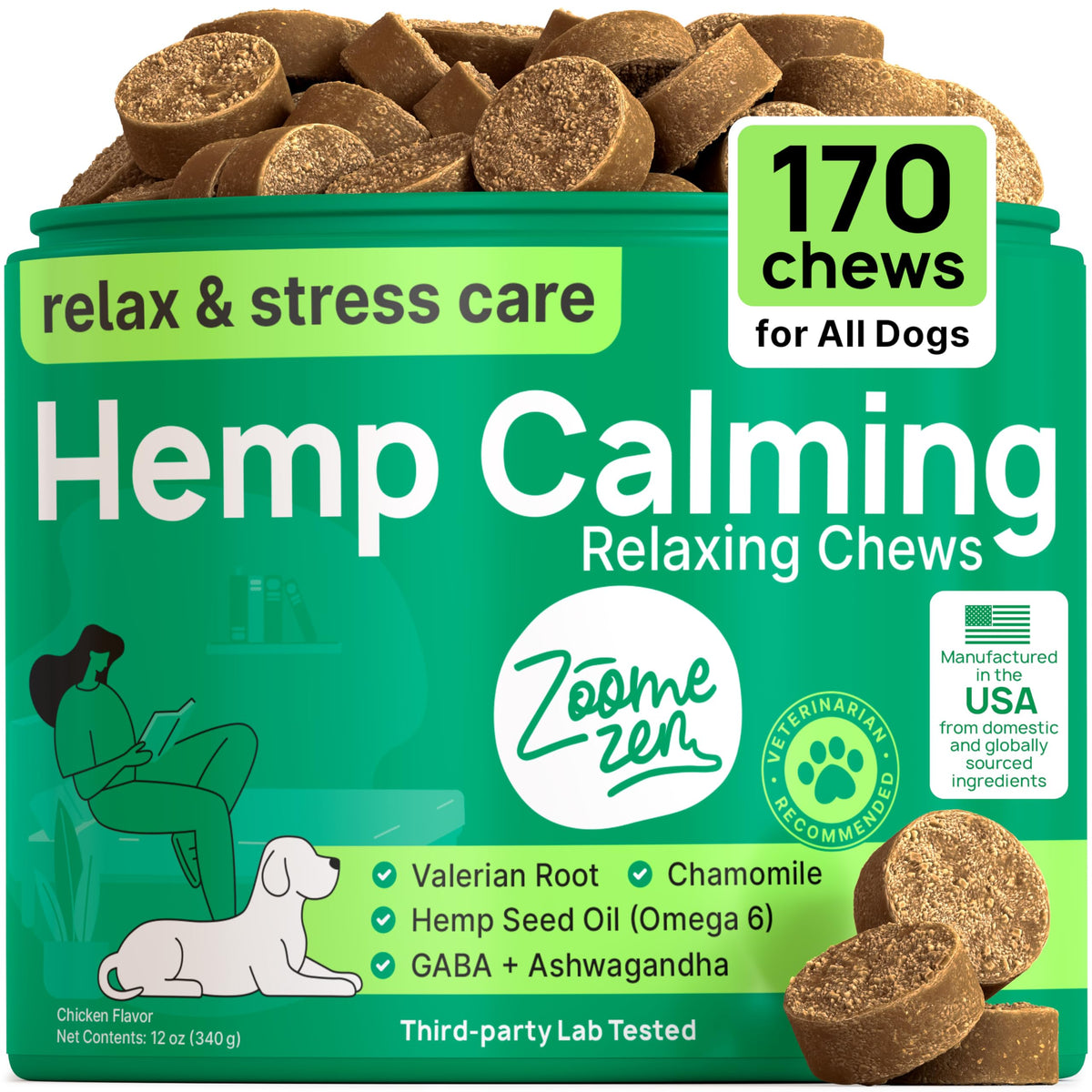 ZOOMEZEN masticables calmantes para perros, lata mostrada, apoyo a la relajación diaria.