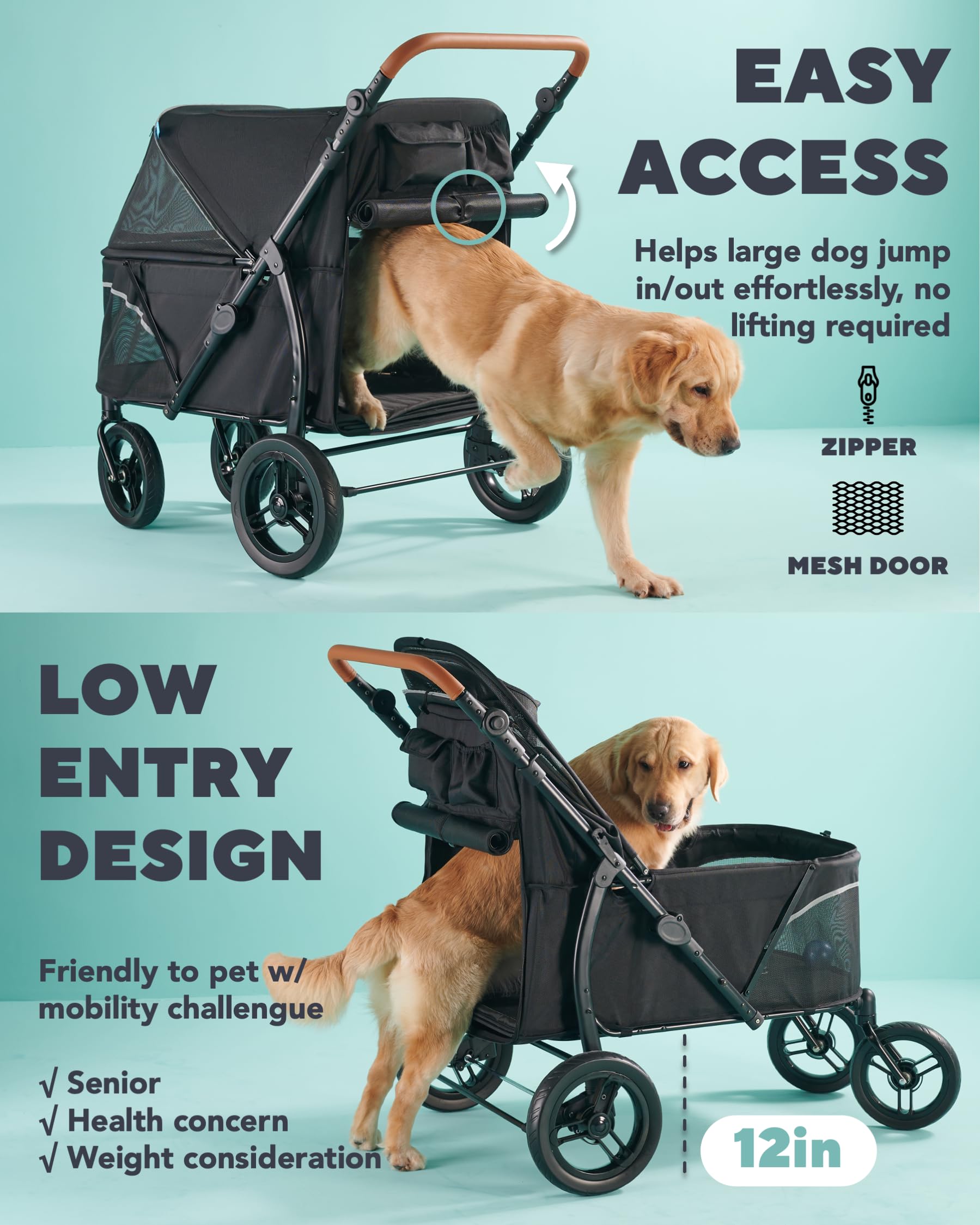 Acceso cómodo con puerta de malla trasera y entrada baja para mascotas mayores.