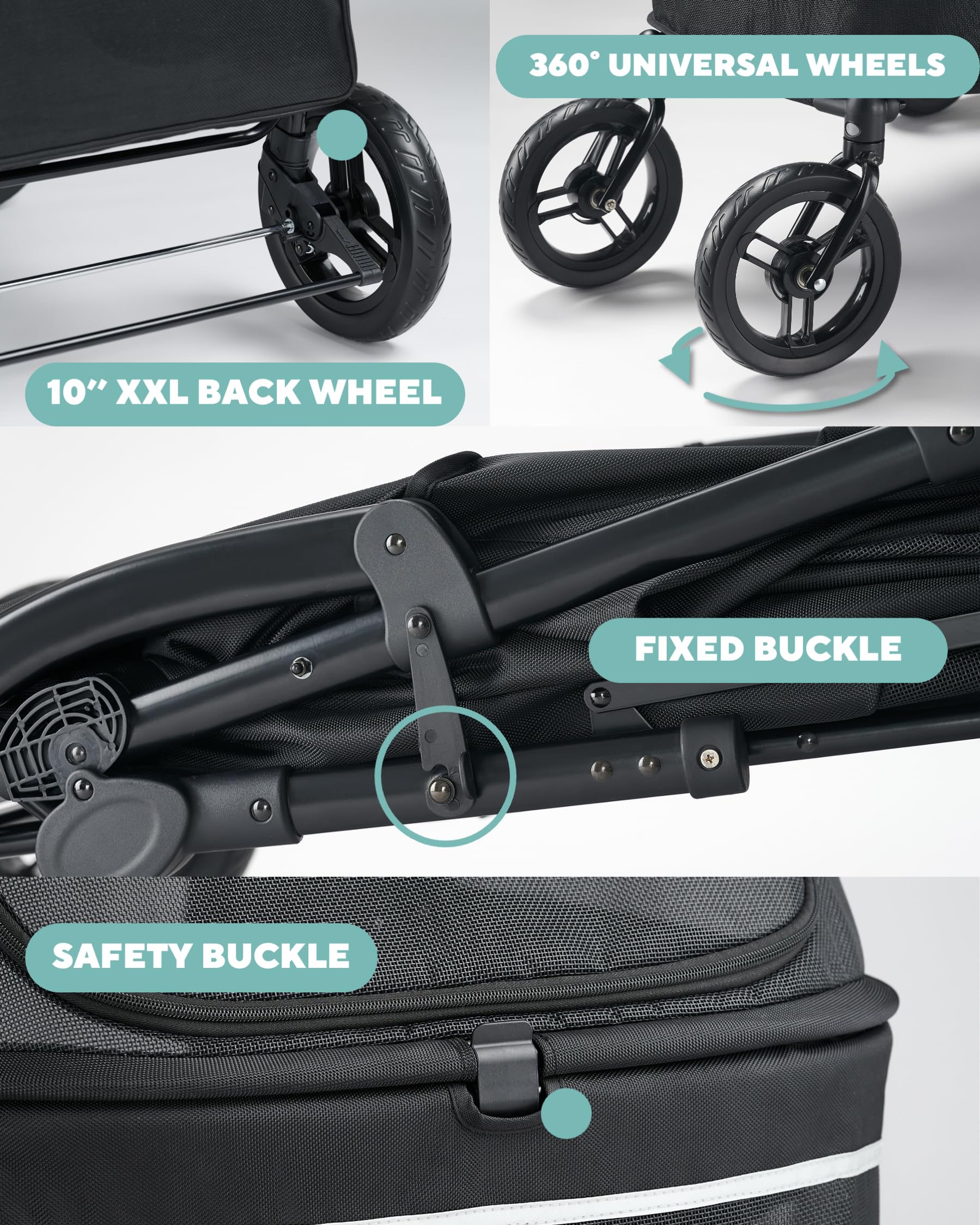 Ruedas delanteras 360° y freno de pedal para control durante la marcha.