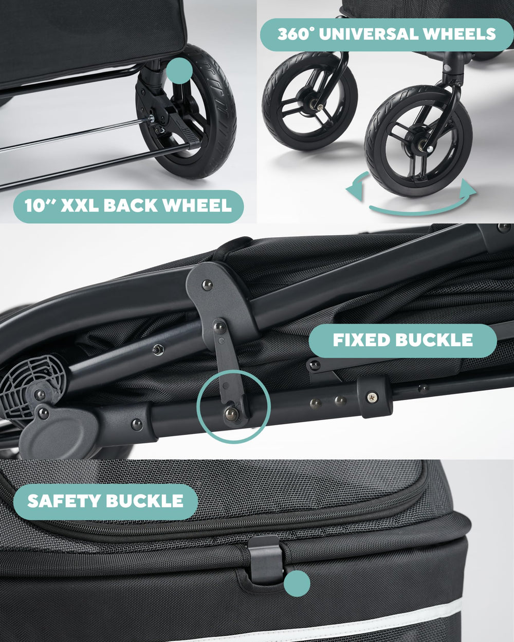 Ruedas delanteras 360° y freno de pedal para control durante la marcha.