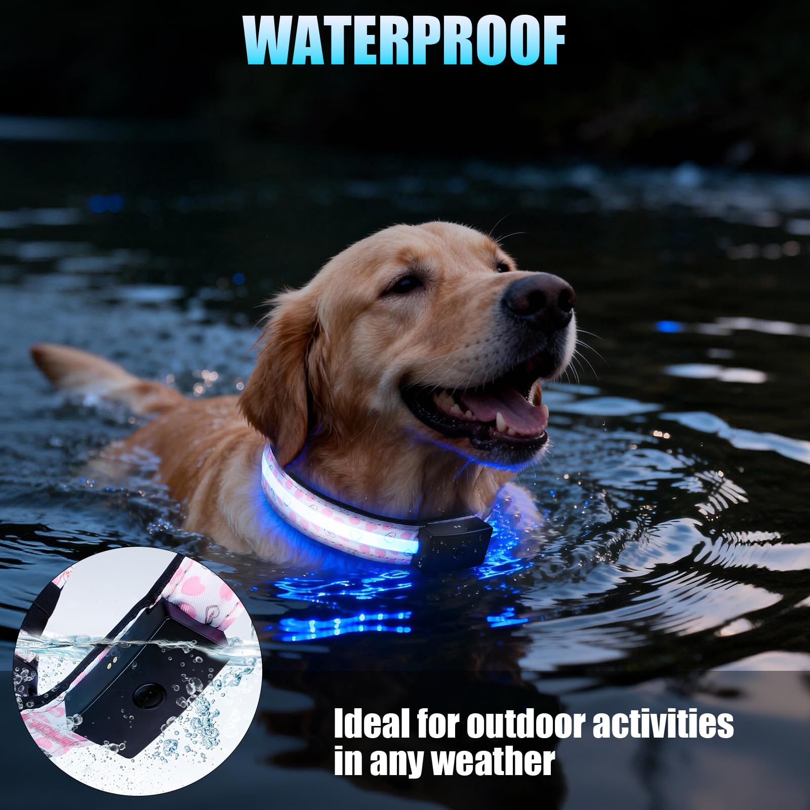 ZOWPET collar LED: visibilidad de 1,600 pies para localización rápida durante paseos nocturnos.