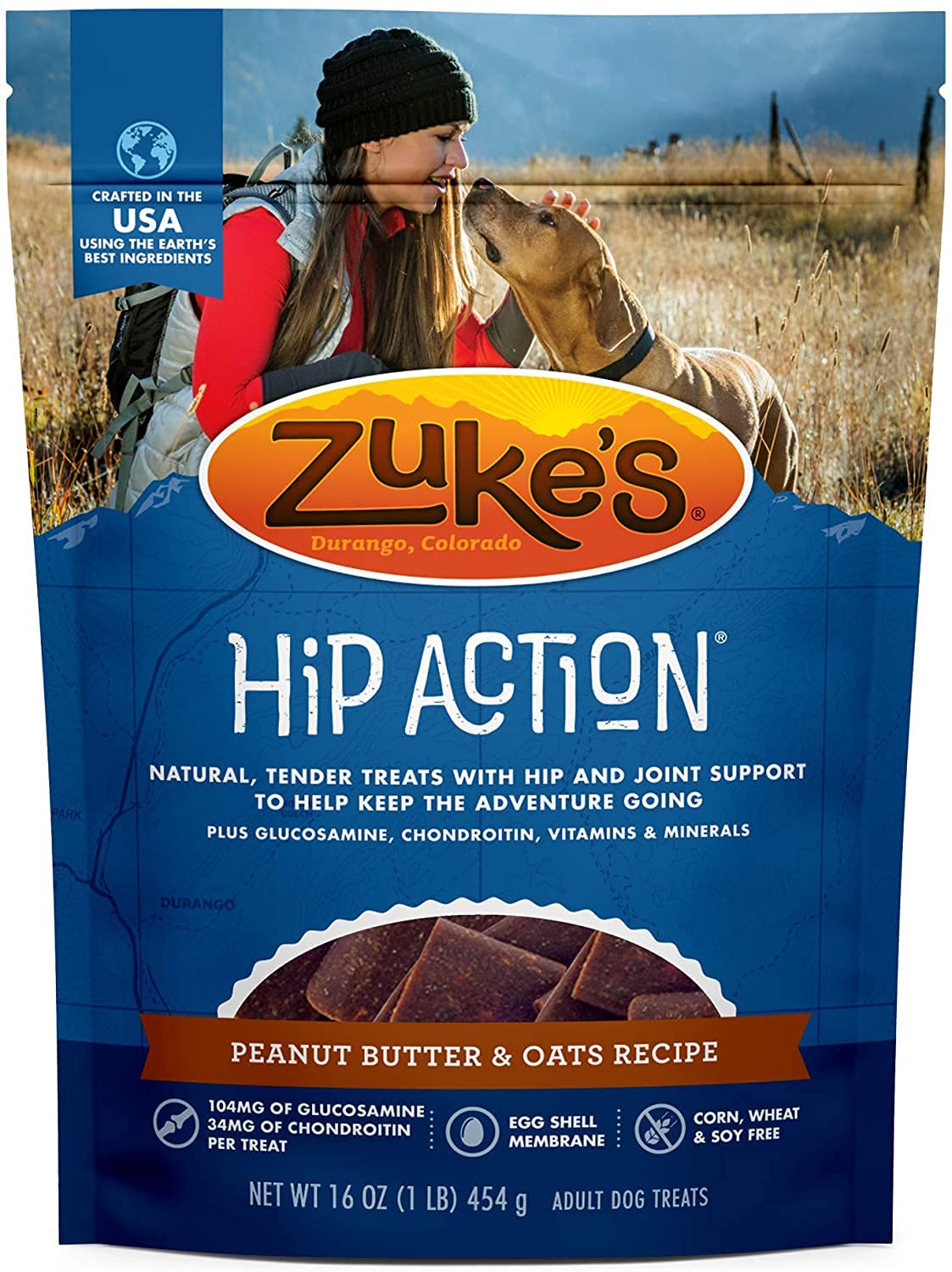 Zuke's Hip Action frente a la bolsa, snack sabroso con glucosamina.