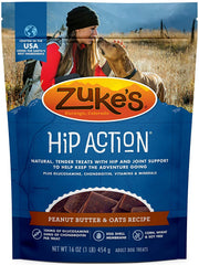 Zuke's Hip Action frente a la bolsa, snack sabroso con glucosamina.