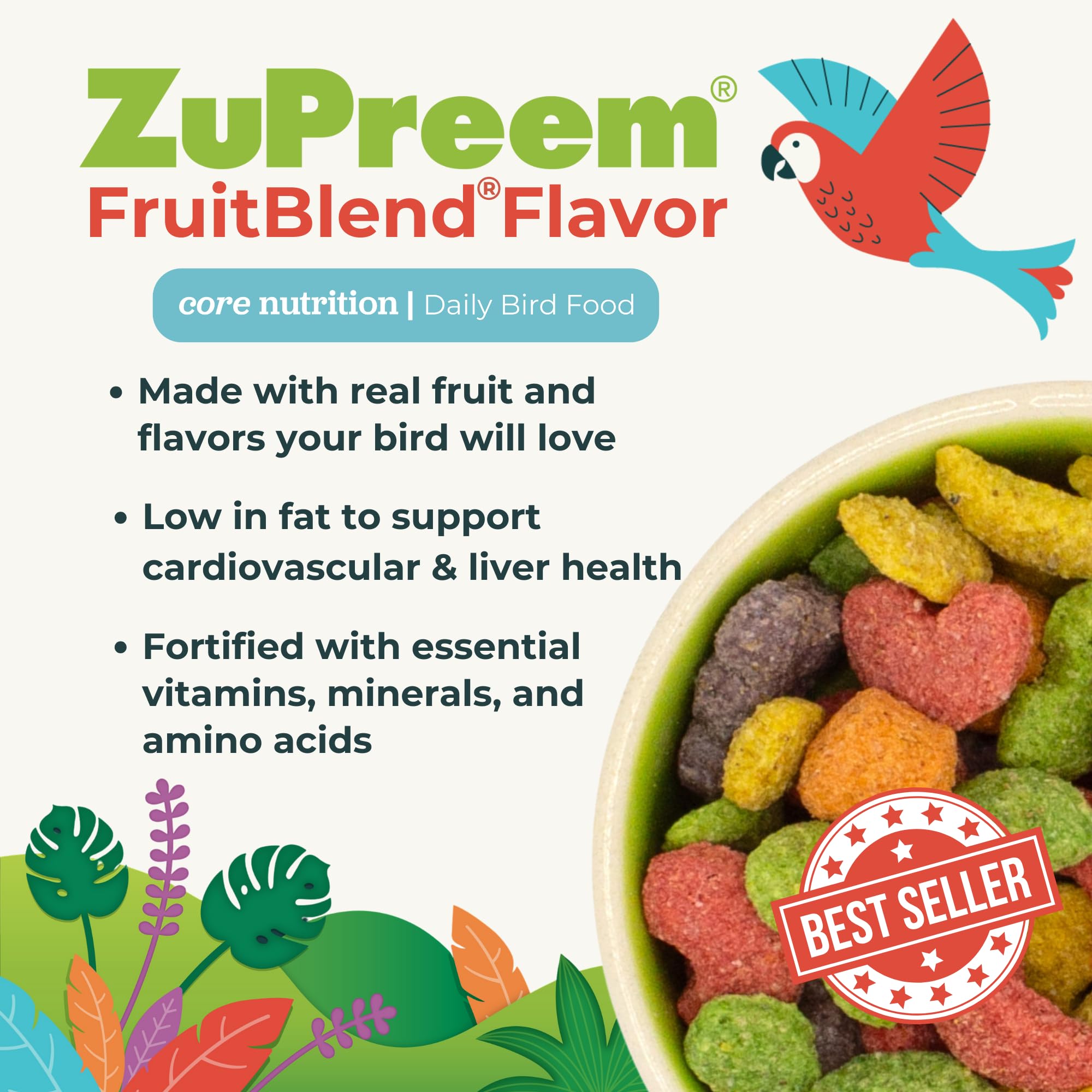 Pellets FruitBlend en comedero, lista para la racion diaria.