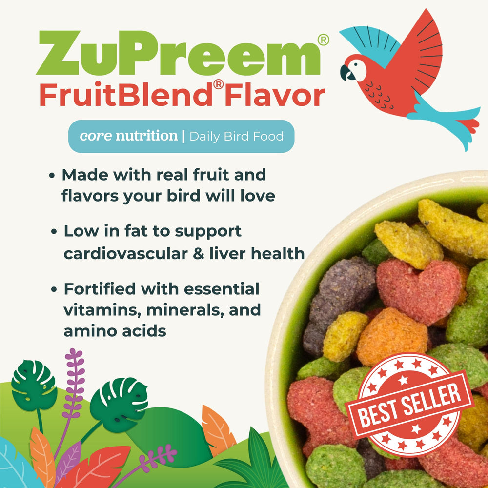 Pellets FruitBlend en comedero, lista para la racion diaria.