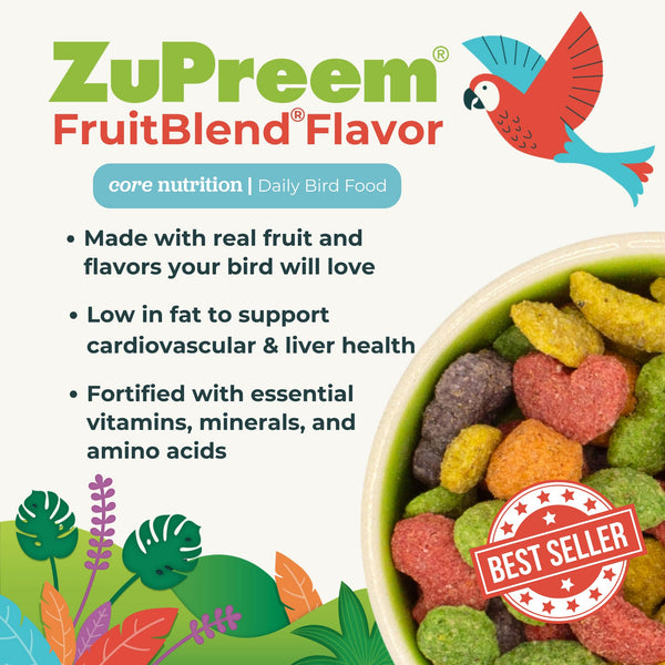 Pellets FruitBlend en comedero, lista para la racion diaria.