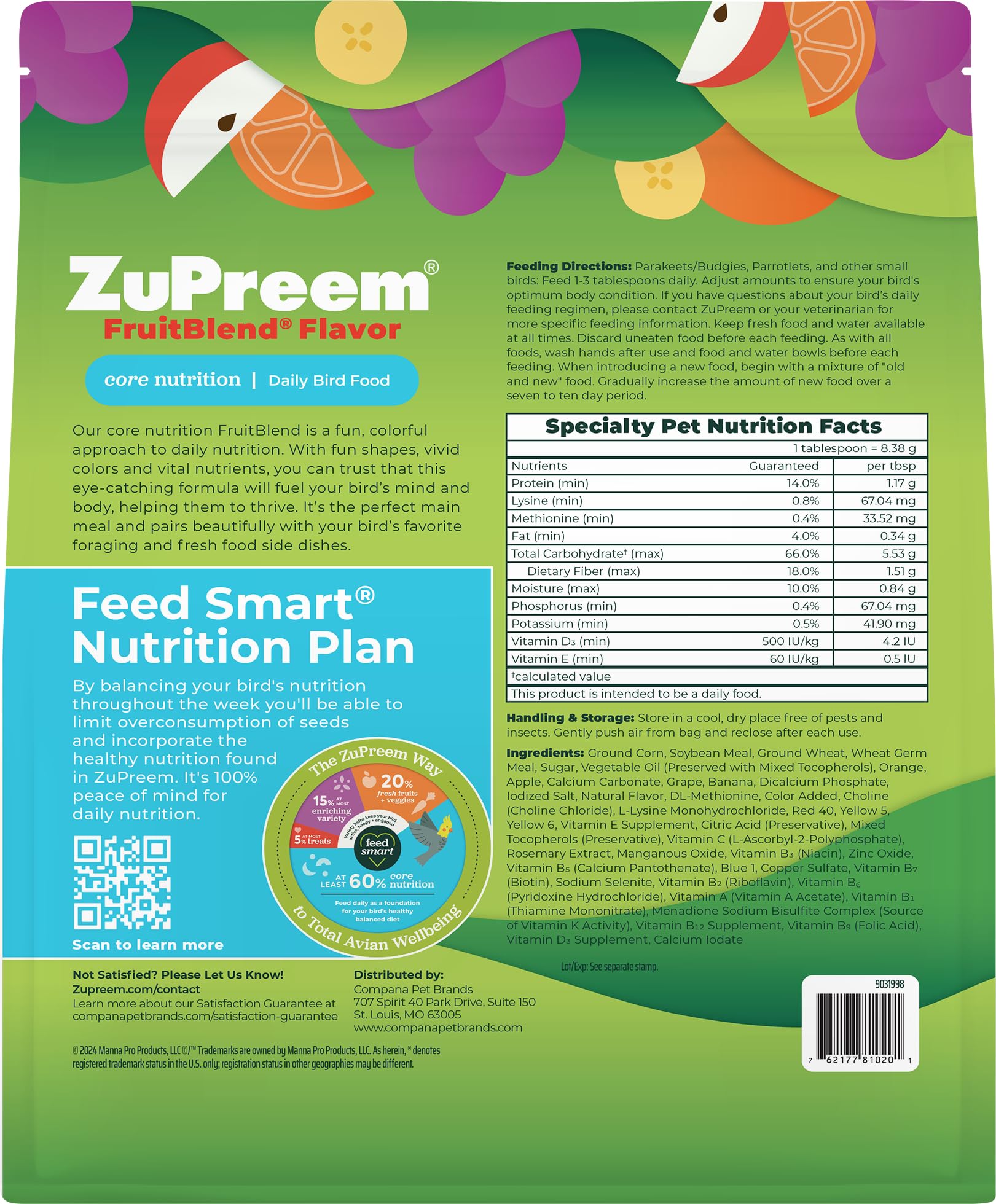 Pellets ZuPreem FruitBlend hechos en Estados Unidos con granos enteros.