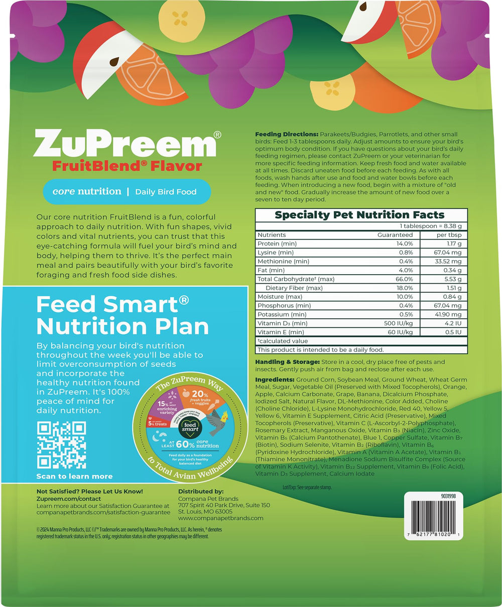 Pellets ZuPreem FruitBlend hechos en Estados Unidos con granos enteros.