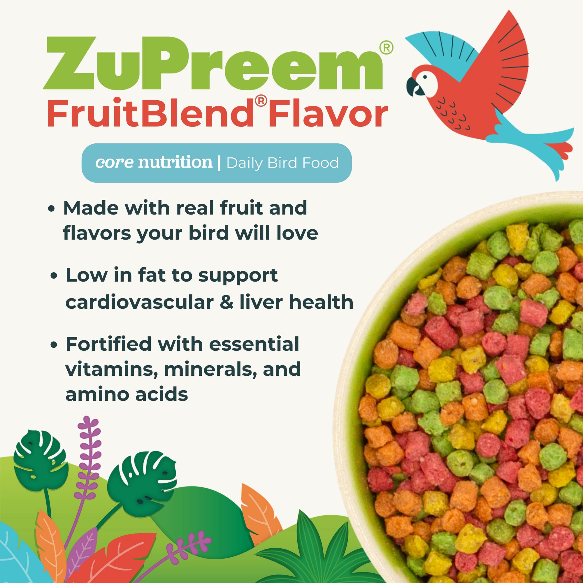 Nutrientes esenciales en ZuPreem FruitBlend para la nutrición diaria de aves.
