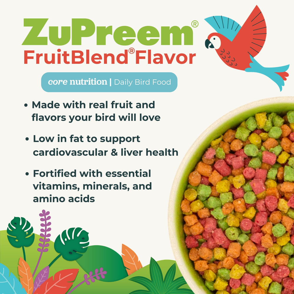 Nutrientes esenciales en ZuPreem FruitBlend para la nutrición diaria de aves.