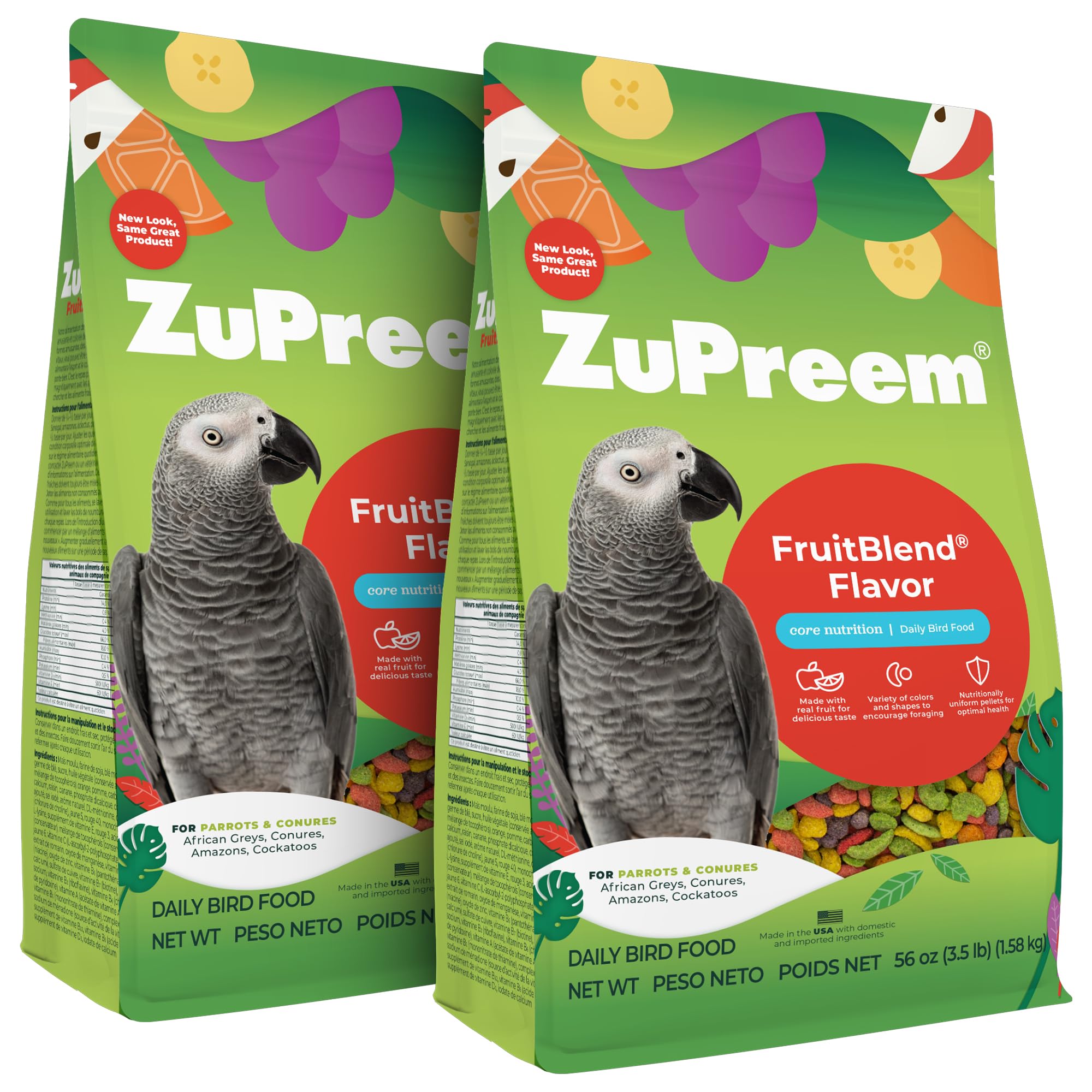 ZuPreem FruitBlend pellets para pajaros, paquetes dobles, nutrición diaria.