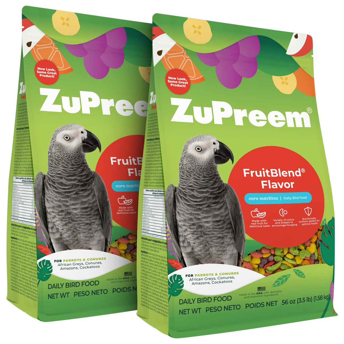 ZuPreem FruitBlend pellets para pajaros, paquetes dobles, nutrición diaria.