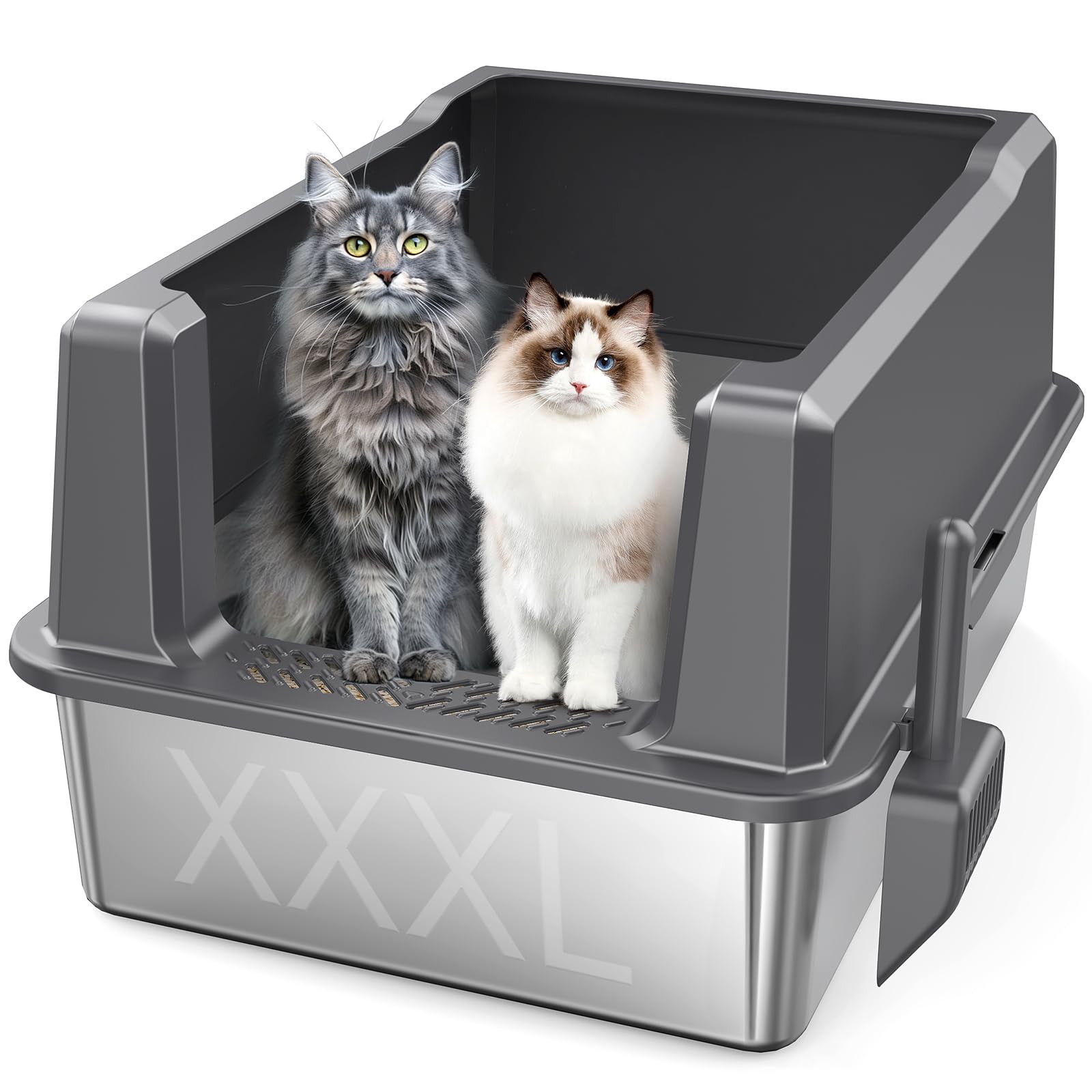 Zuqqony caja de arena de acero inoxidable XXXL con tapa, ideal para gatos grandes.