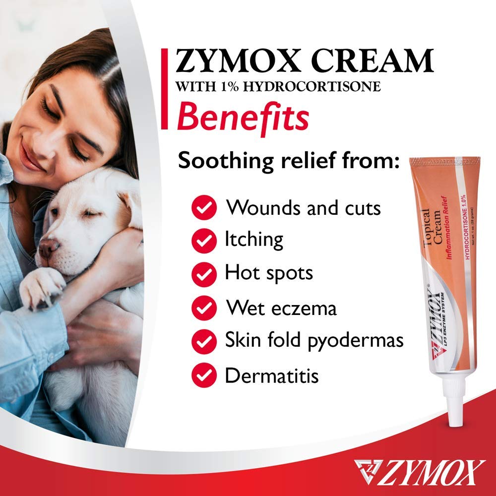 Zymox crema tópica con envase de 1 onza para uso seguro en mascotas.