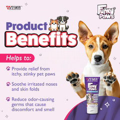Aplicación suave de Zymox Funky Paws en las patitas para confort inmediato.