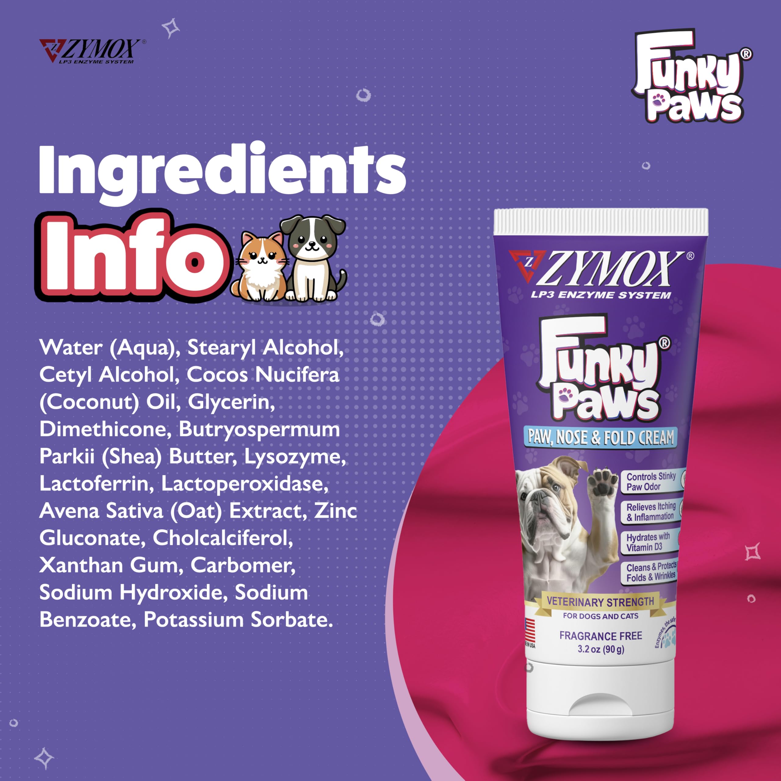 Textura cremosa sin fragancia de Zymox Funky Paws para uso diario.