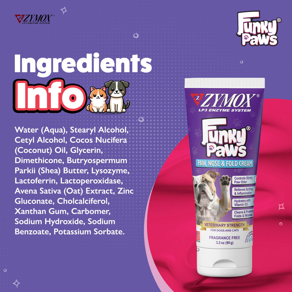 Textura cremosa sin fragancia de Zymox Funky Paws para uso diario.